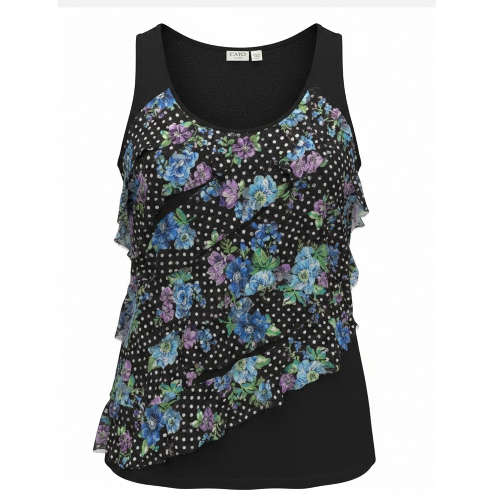 Cato‎ Woman Plus Size 18/20W Black Floral Polka Dot Ruffle  Tank Top Sleeveless